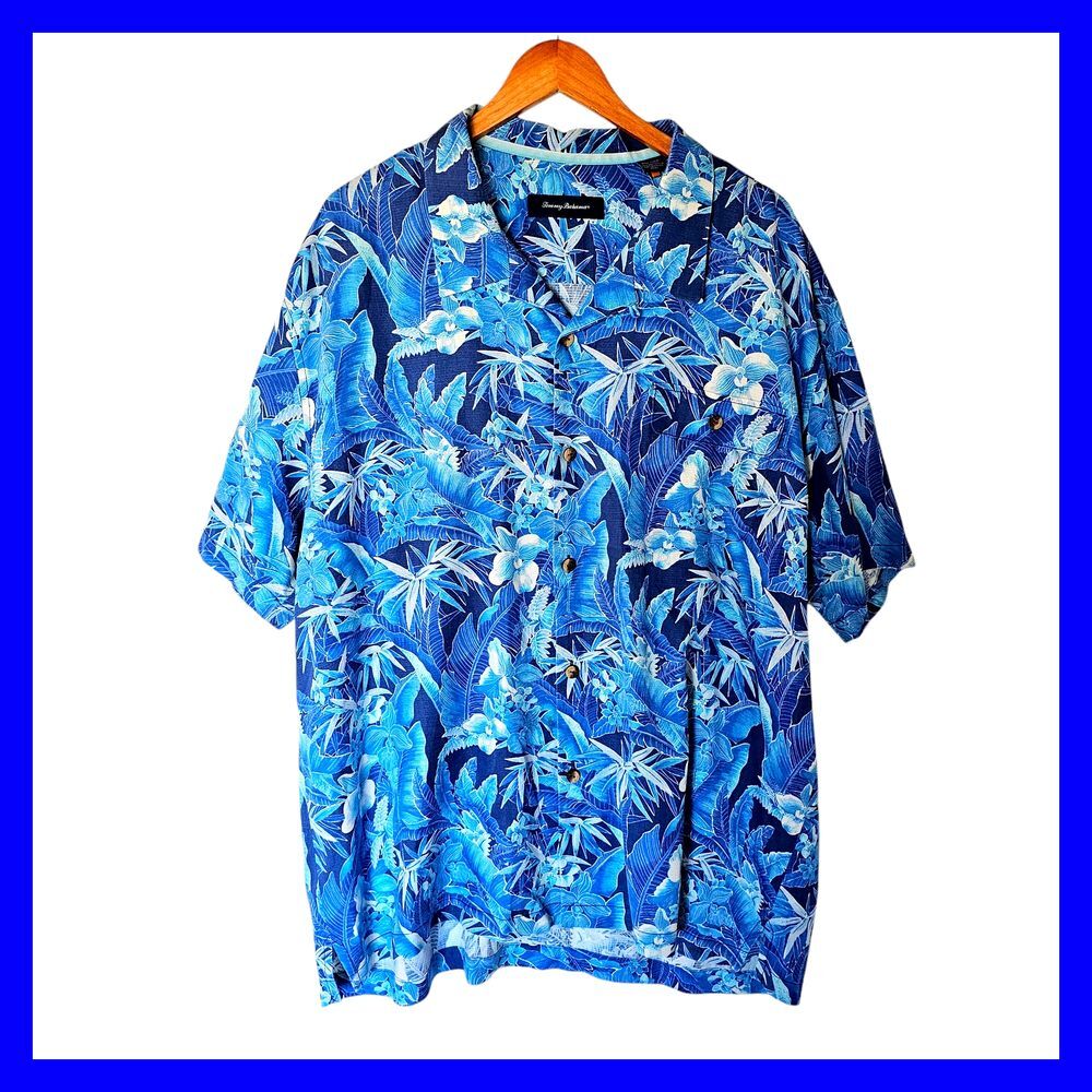 Tommy Bahama Blue Tropical Hawaiian Floral Print Shirt 3XL Plus Size‎ Silk Blend